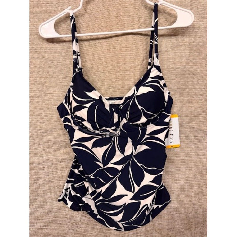 Anne Cole Navy White Tropical Leaf Tankini Top Adjustable Straps UPF 50 Medium